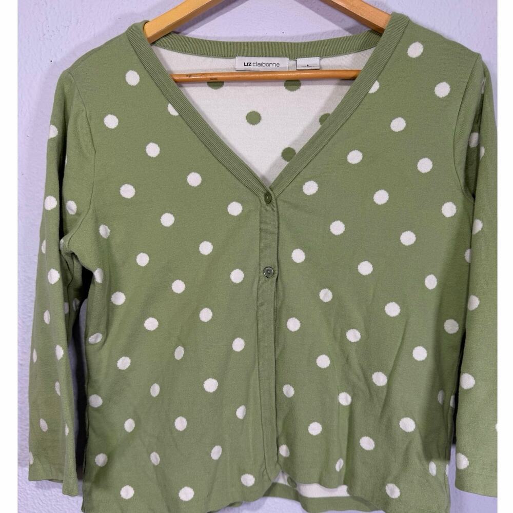 Liz Claiborne Cardigan Polka Dot Womens Green White L Classic Cottagecore Preppy